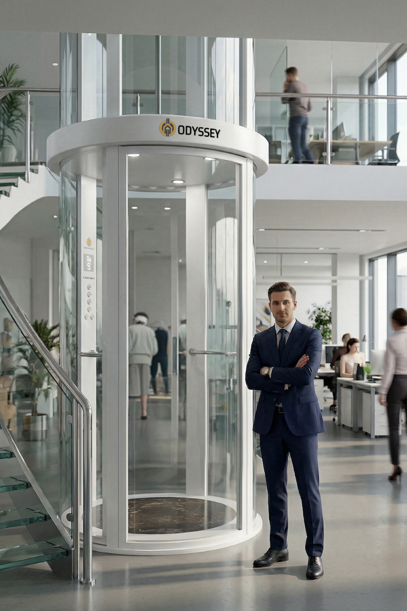 luxury elevator in office space, cool tone . circular elevator