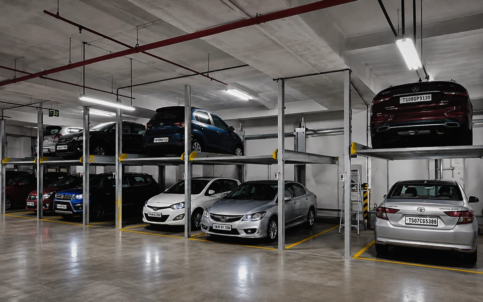 Vehicle parking arrangement in a commercial building