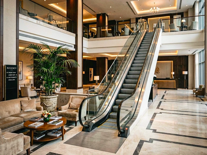 Escalators inside a contemporary hotel
